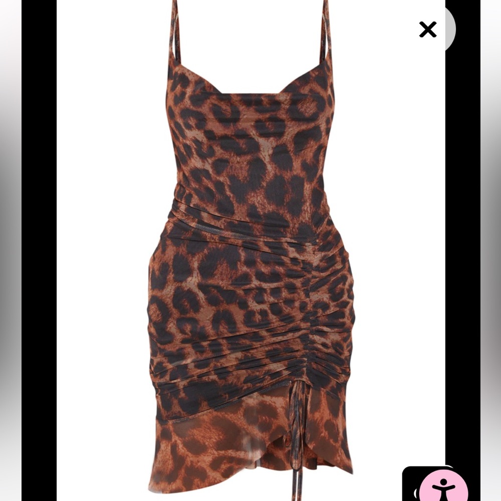 Brown mesh Leopard Print Ruched Bodycon Dress